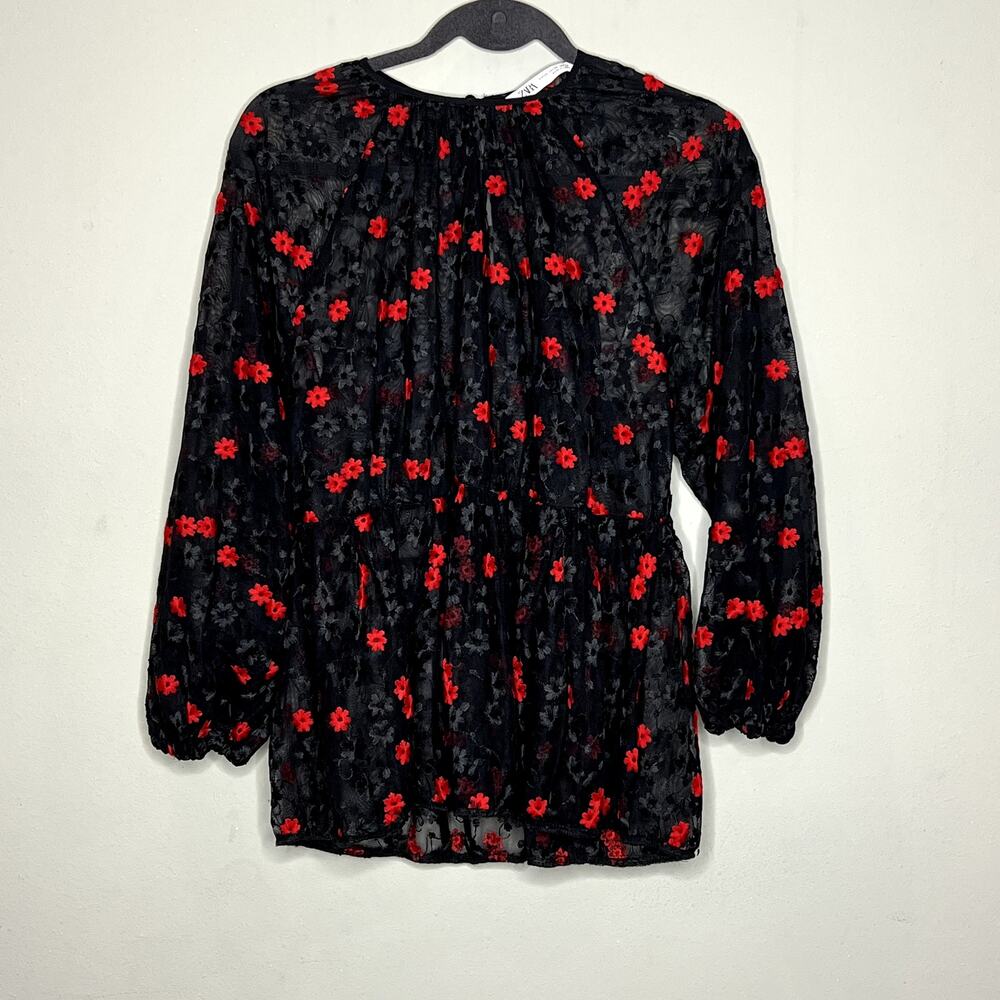 Zara‎ Womens Black Red Floral Embroidered Mesh Peplum Blouse Long Sleeve Top